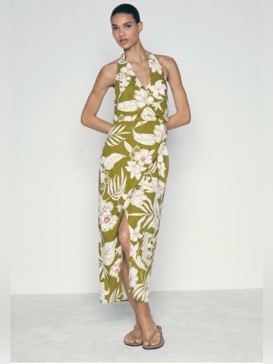 Zara Dresses & Skirts - ZARA Tropical Floral Halter Midi Dress – Olive & Cream: XS